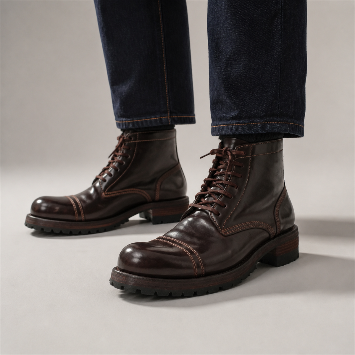 PASCH Bastion Cap-Toe Service Boot in Coffee Brown Shell Cordovan, on-foot view