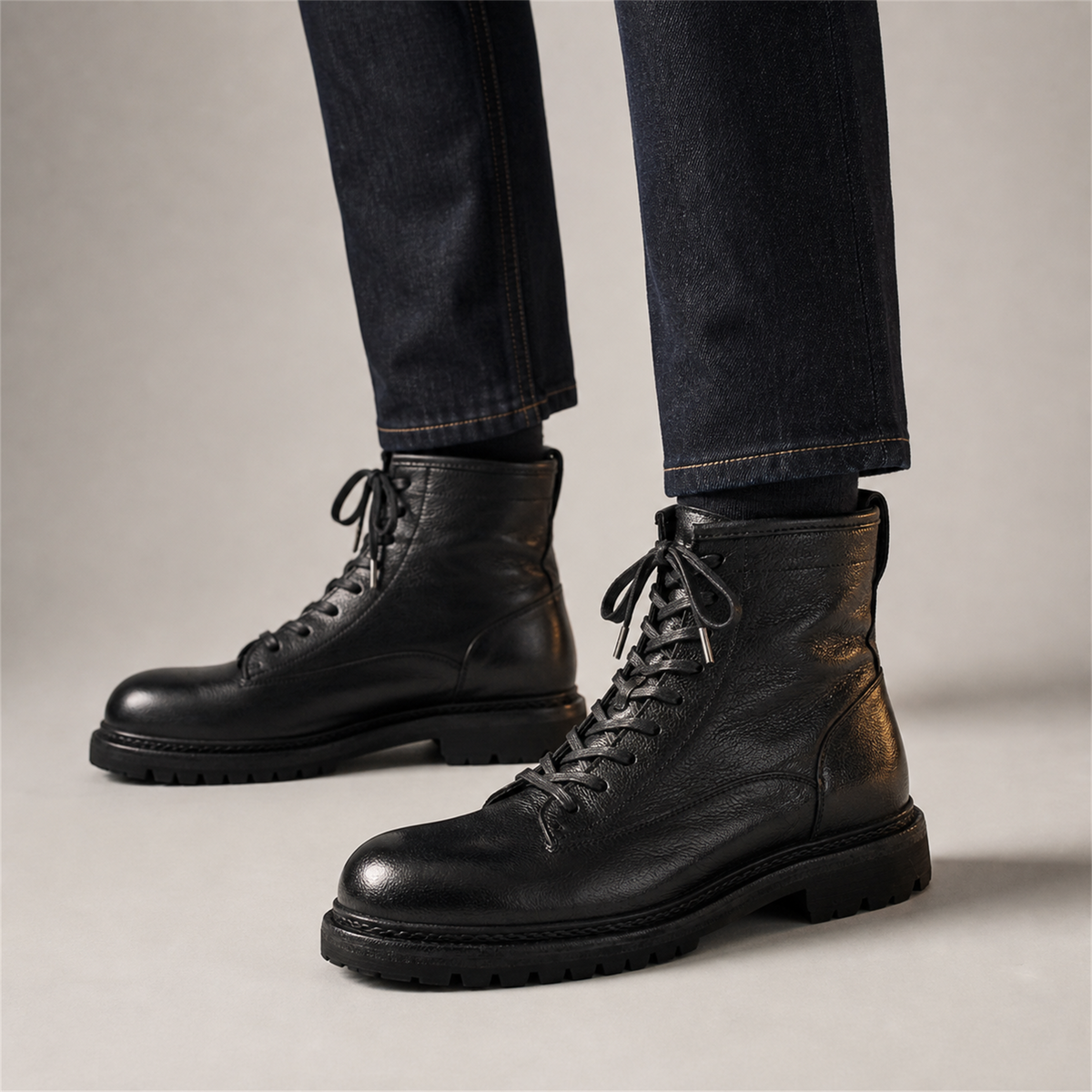 PASCH Timberline Lace-Up Boot in Black Leather, on-foot view