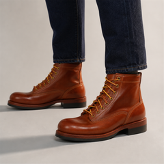 PASCH Outrider Plain-Toe Service Boot in Brown Horse Leather, on-foot view
