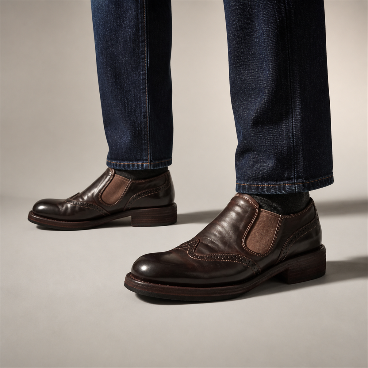 PASCH Rivington Elastic-Side Brogue Shoe in Coffee Brown Shell Cordovan, on-foot view