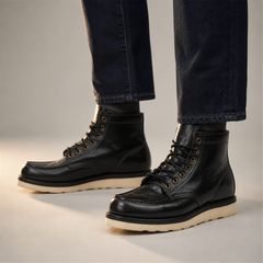 PASCH Railman Moc-Toe Wedge Boot in Black Horse Leather, on-foot view