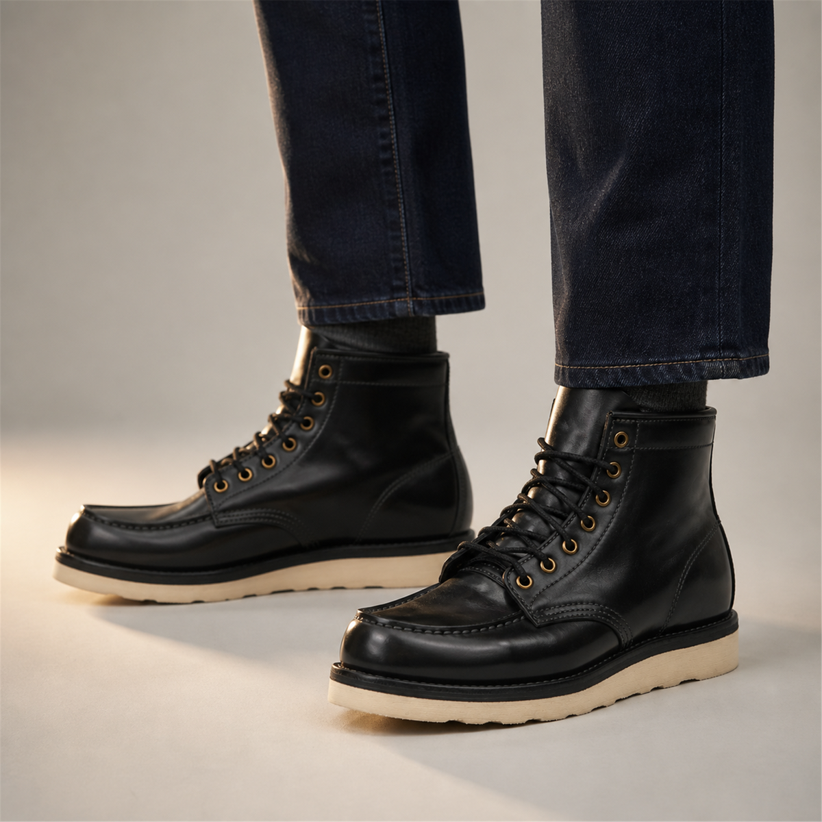 PASCH Railman Moc-Toe Wedge Boot in Black Horse Leather, on-foot view