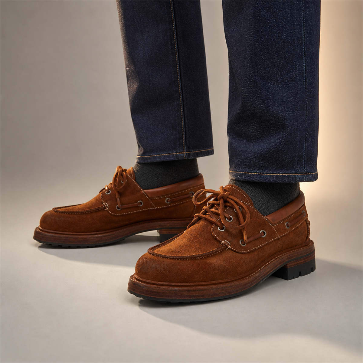 PASCH Mariner Boat Shoe in Brown Roughout Shell Cordovan, on-foot view