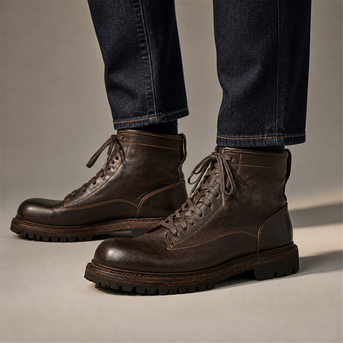 PASCH Timberline Lace-Up Boot in Coffee Brown Leather, on-foot view