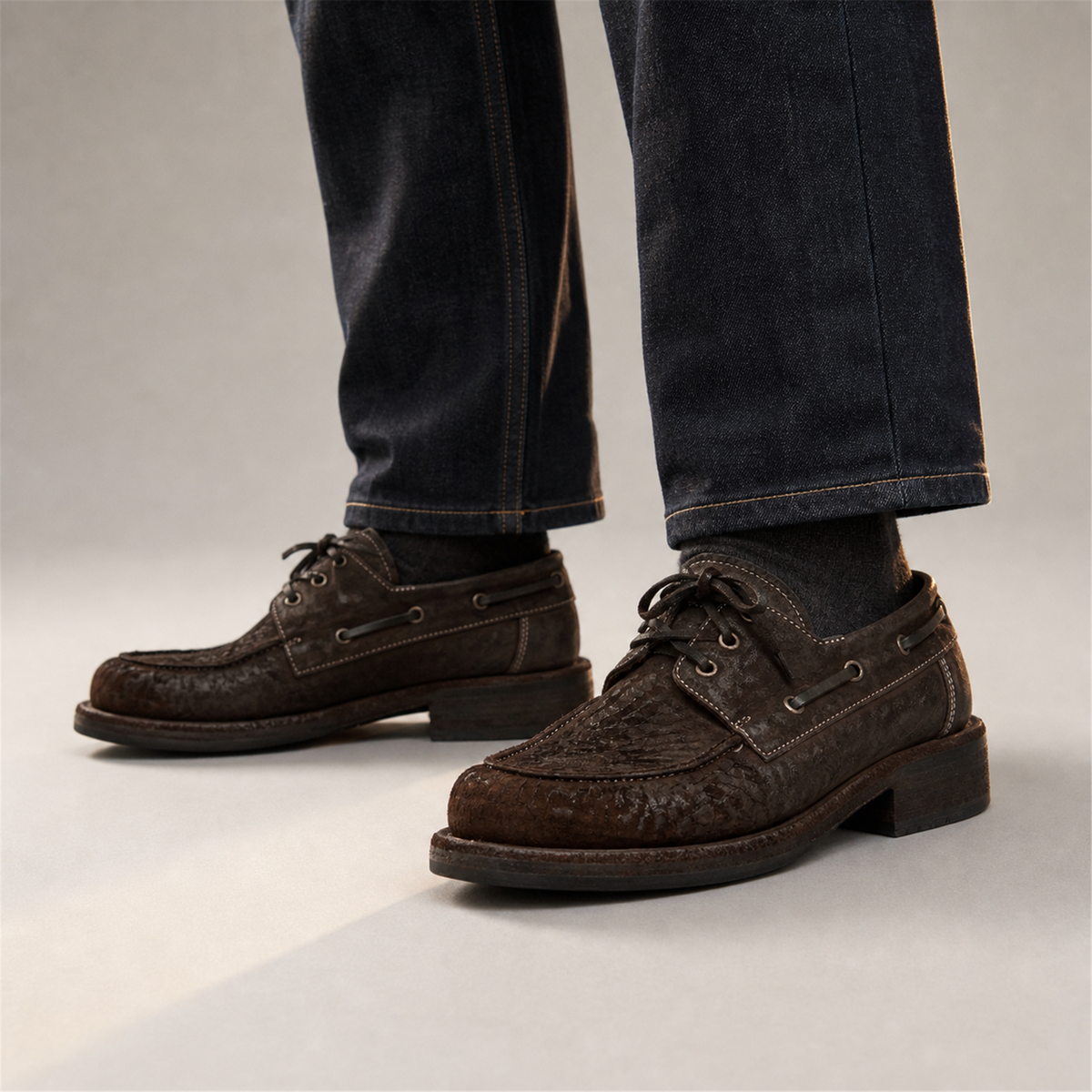 PASCH Marlow Boat Shoe in Coffee Brown Roughout Shell Cordovan, on-foot view