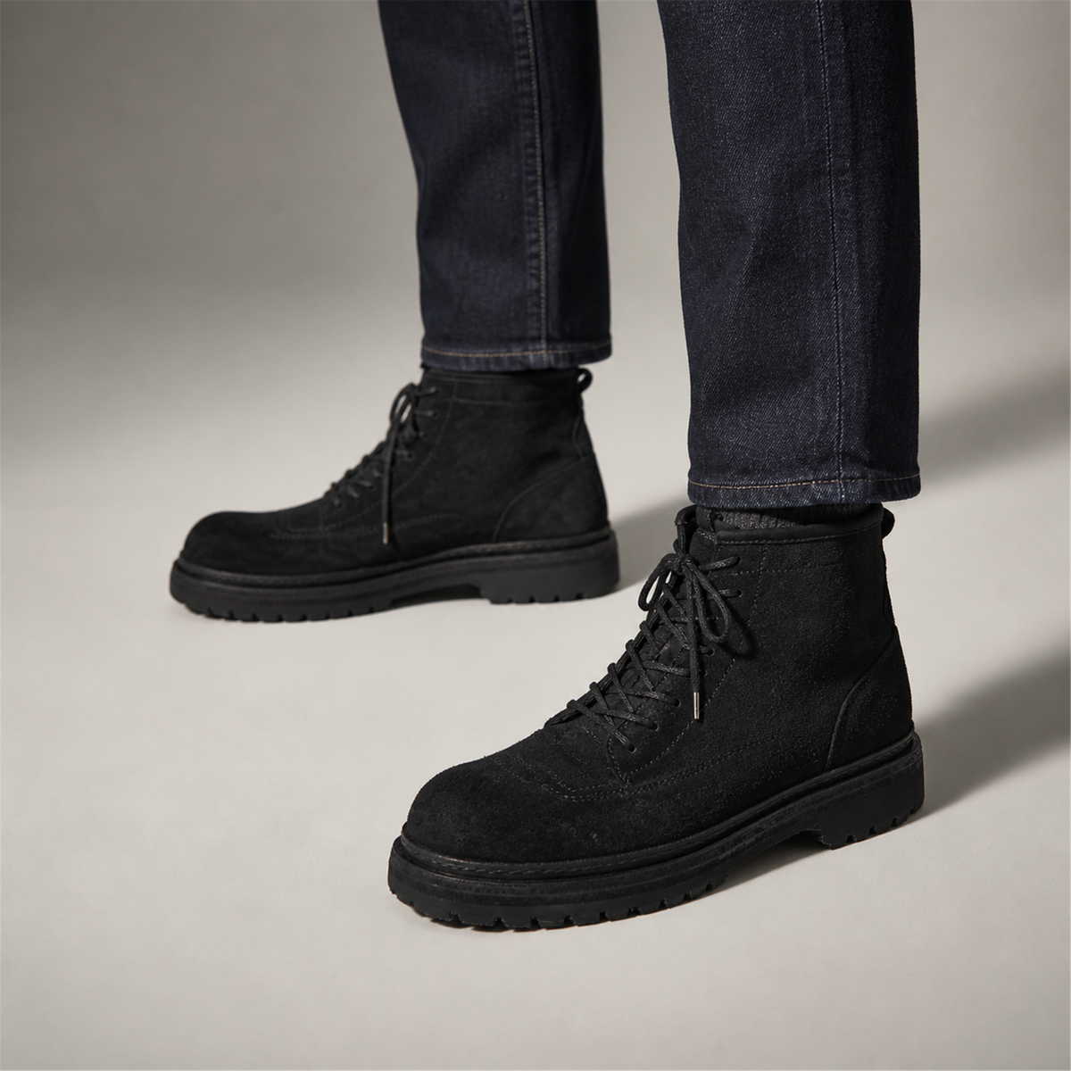 PASCH Quarry Cap-Toe Service Boot in Black Gray Leather, on-foot view