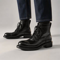 PASCH Foundry Cap-Toe Service Boot in Black Shell Cordovan, on-foot view