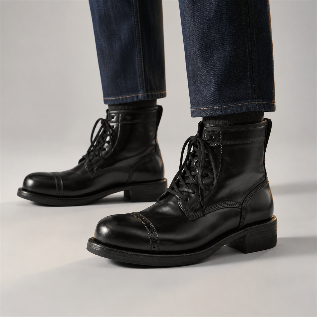 PASCH Foundry Cap-Toe Service Boot in Black Shell Cordovan, on-foot view