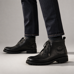 PASCH Forge Plain-Toe Service Boot in Black Leather, on-foot view