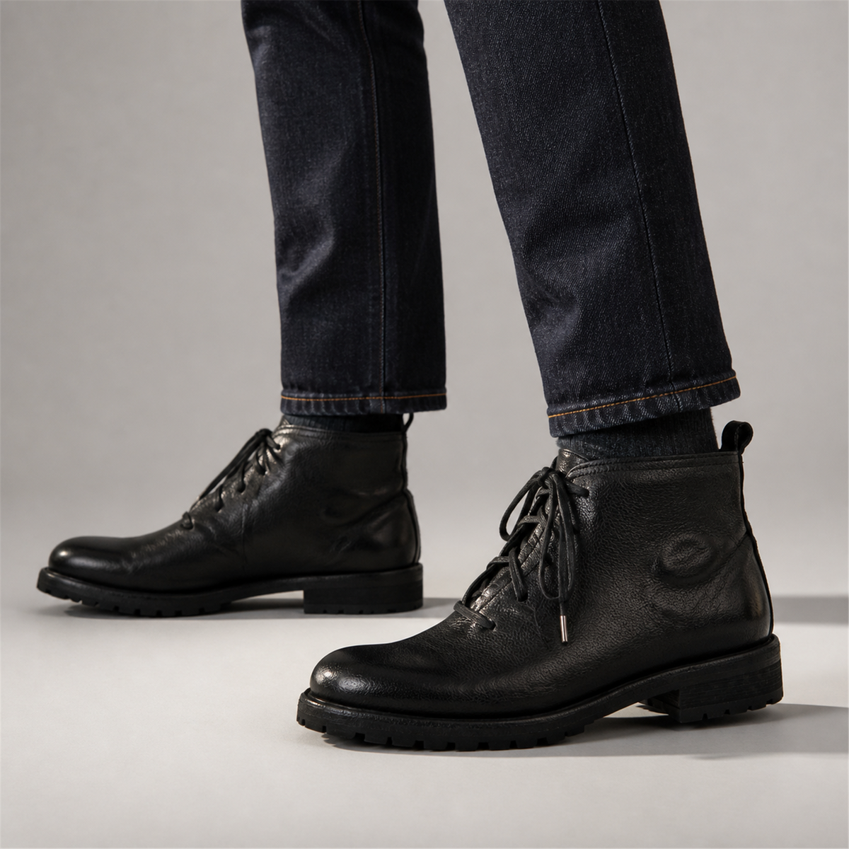 PASCH Forge Plain-Toe Service Boot in Black Leather, on-foot view