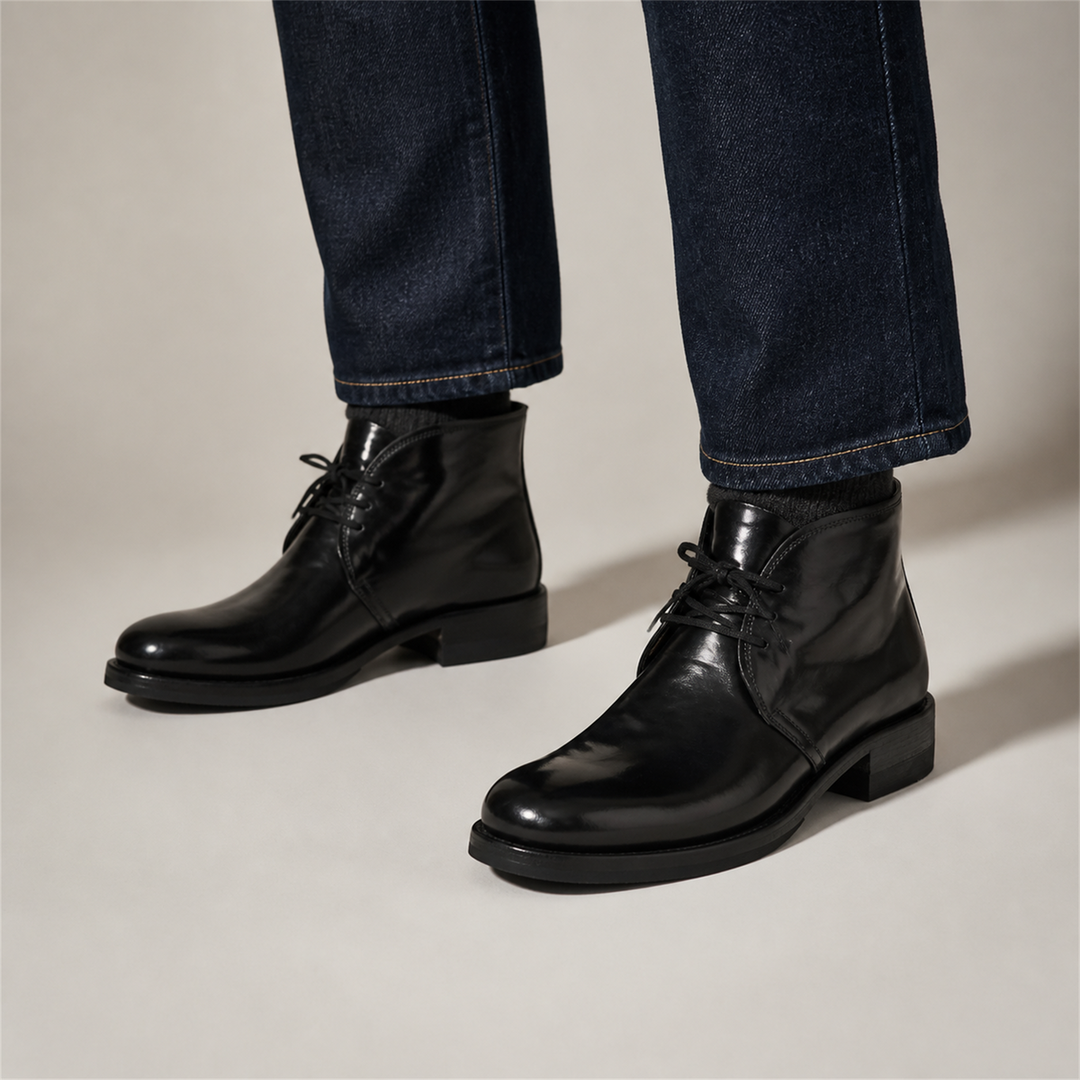 PASCH Mercer Plain-Toe Chukka Boot in Black Shell Cordovan, on-foot view