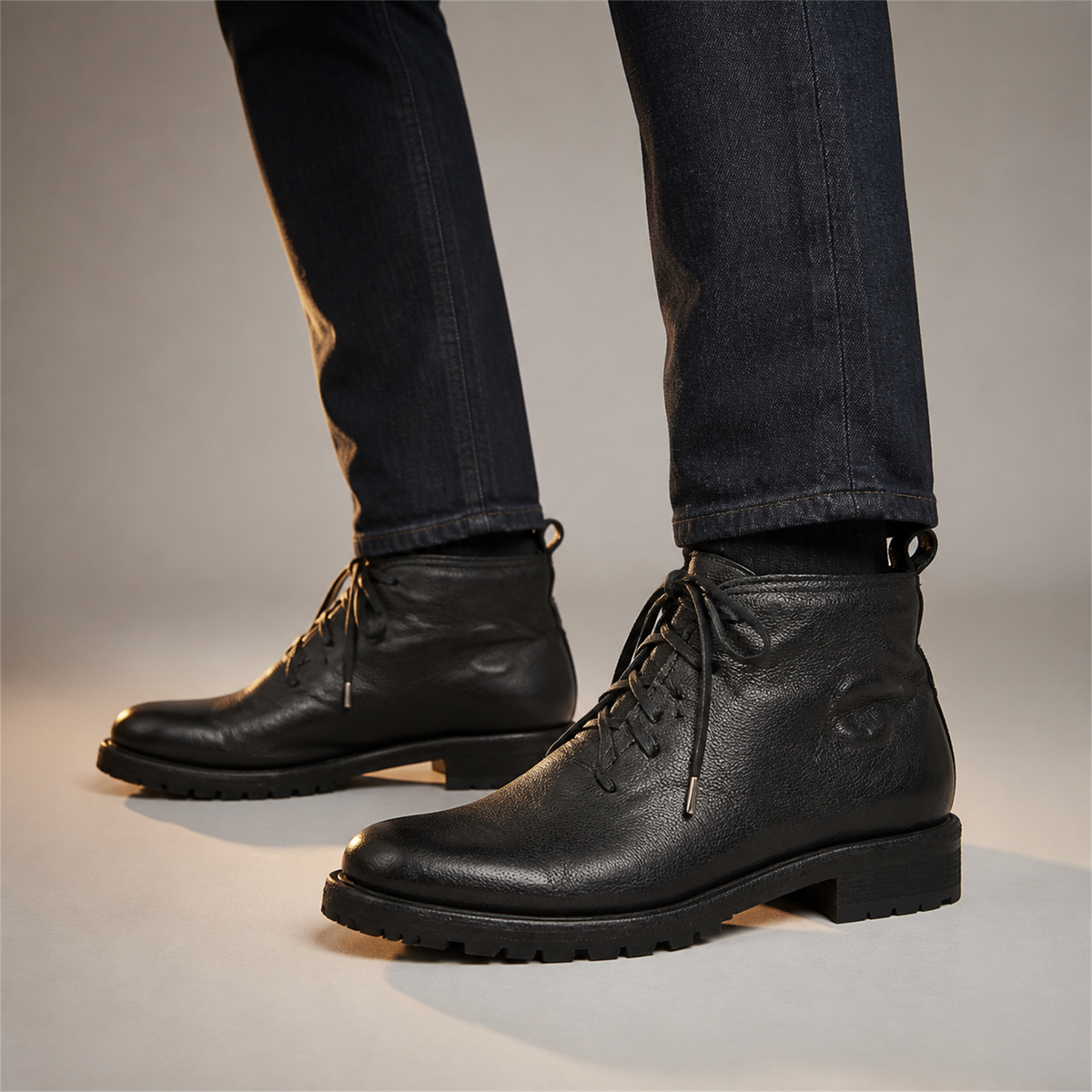 PASCH Ranger Plain-Toe Service Boot in Black Leather, on-foot view