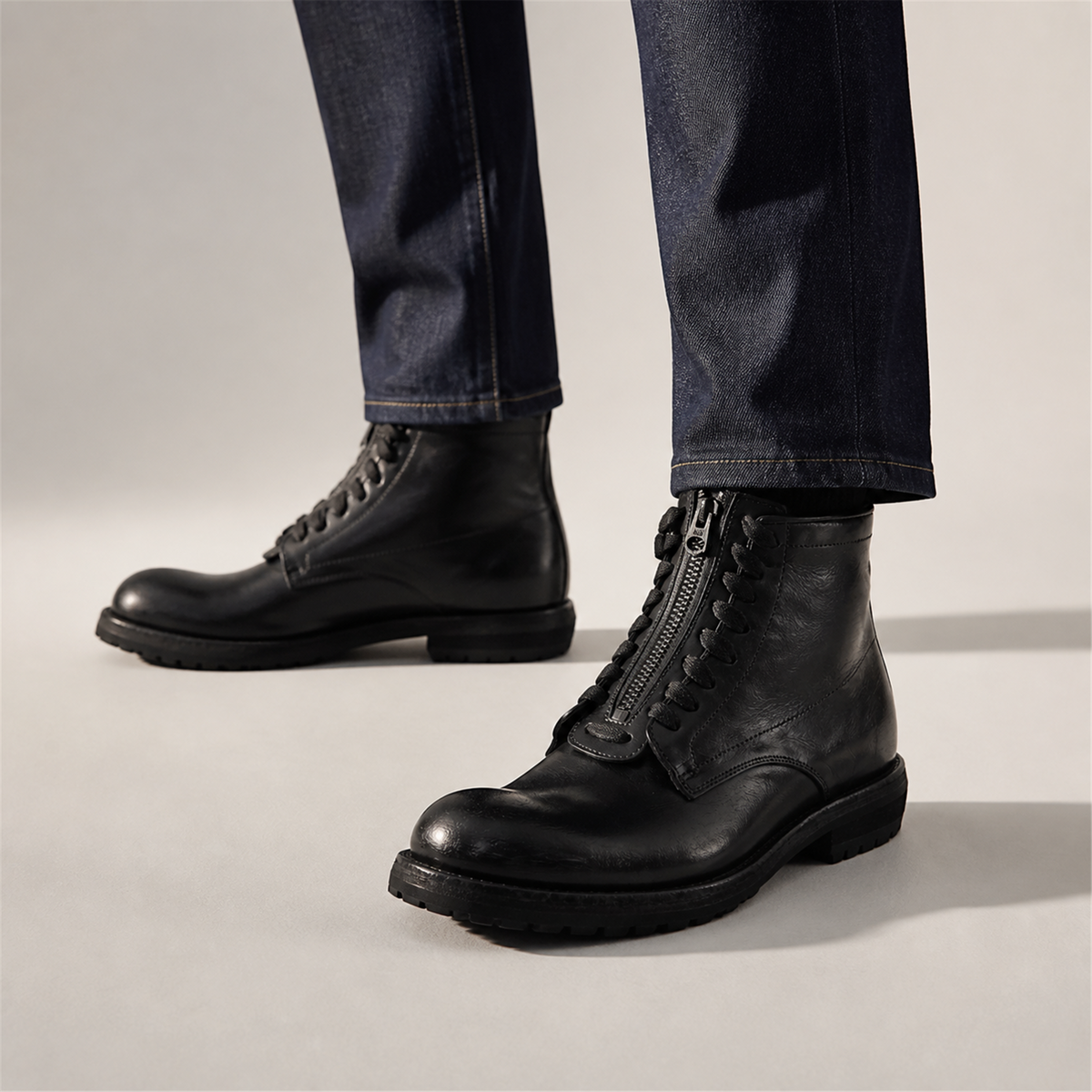 PASCH Atlas Plain-Toe Service Boot in Black Leather, on-foot view