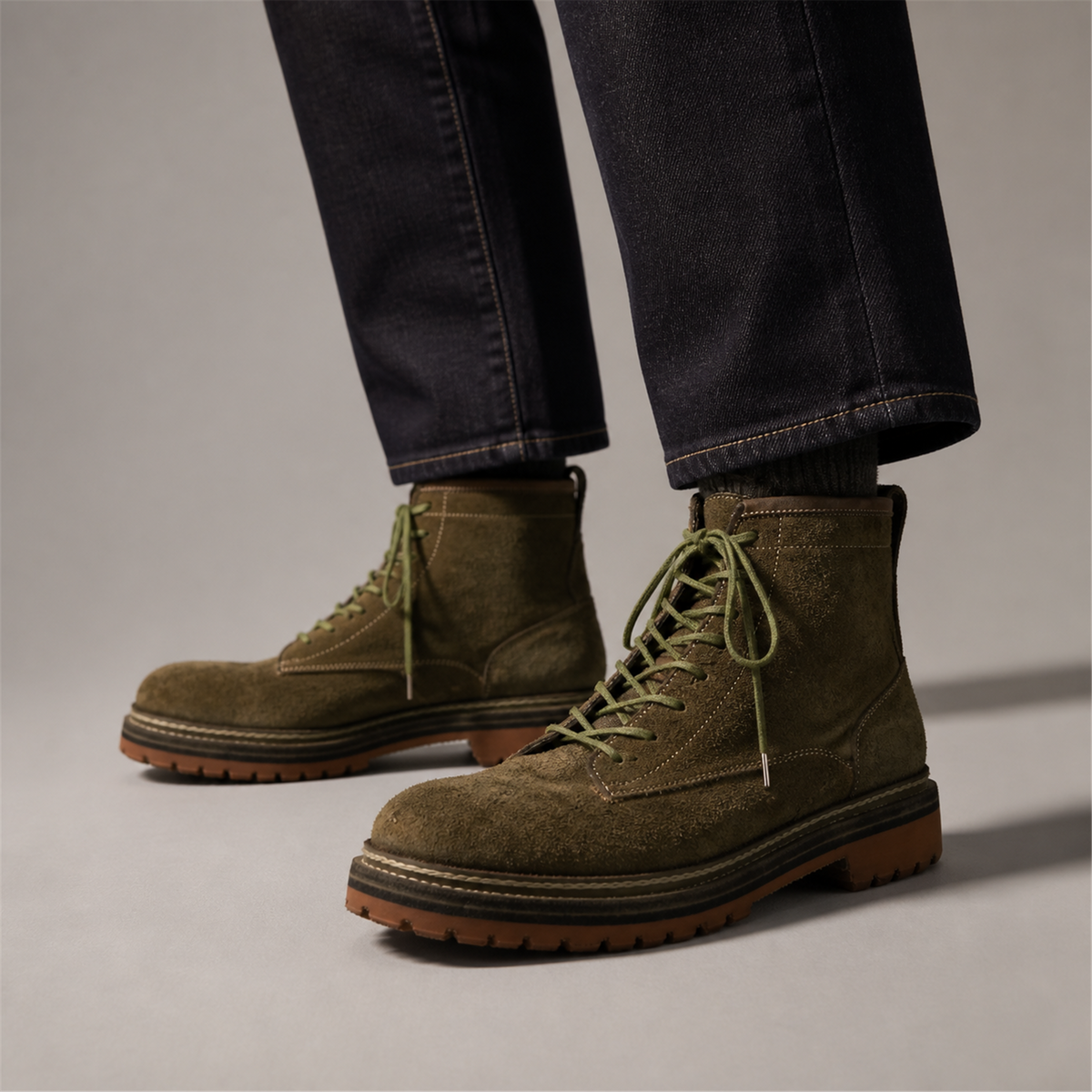 PASCH Quarry Cap-Toe Service Boot in Dark Khaki Leather, on-foot view