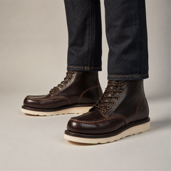 PASCH Railman Moc-Toe Wedge Boot in Coffee Brown Horse Leather, on-foot view