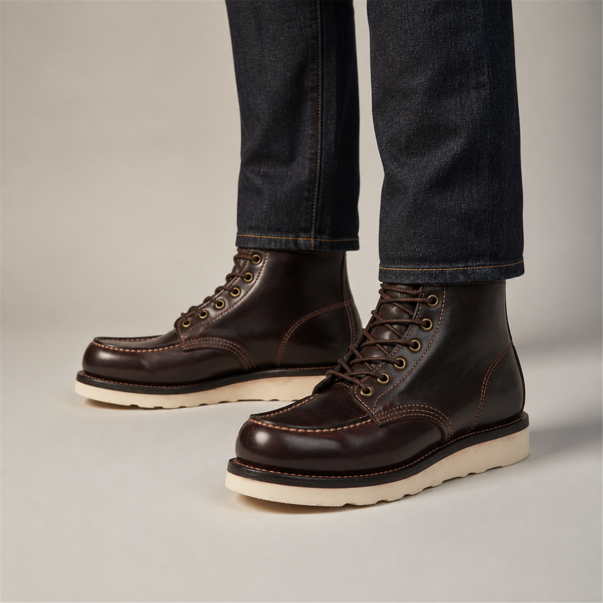PASCH Railman Moc-Toe Wedge Boot in Coffee Brown Horse Leather, on-foot view