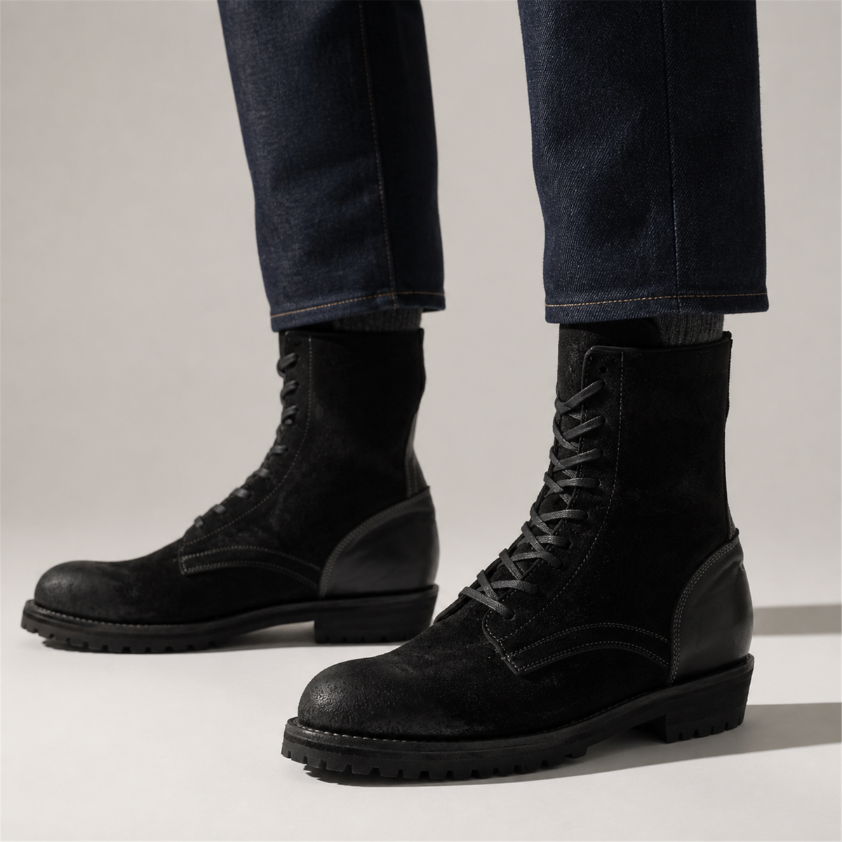 PASCH Ridgeway Tall Lace-Up Boot in Black Leather, on-foot view