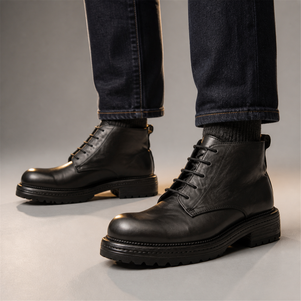 PASCH Granite Cap-Toe Service Boot in Black Leather, on-foot view