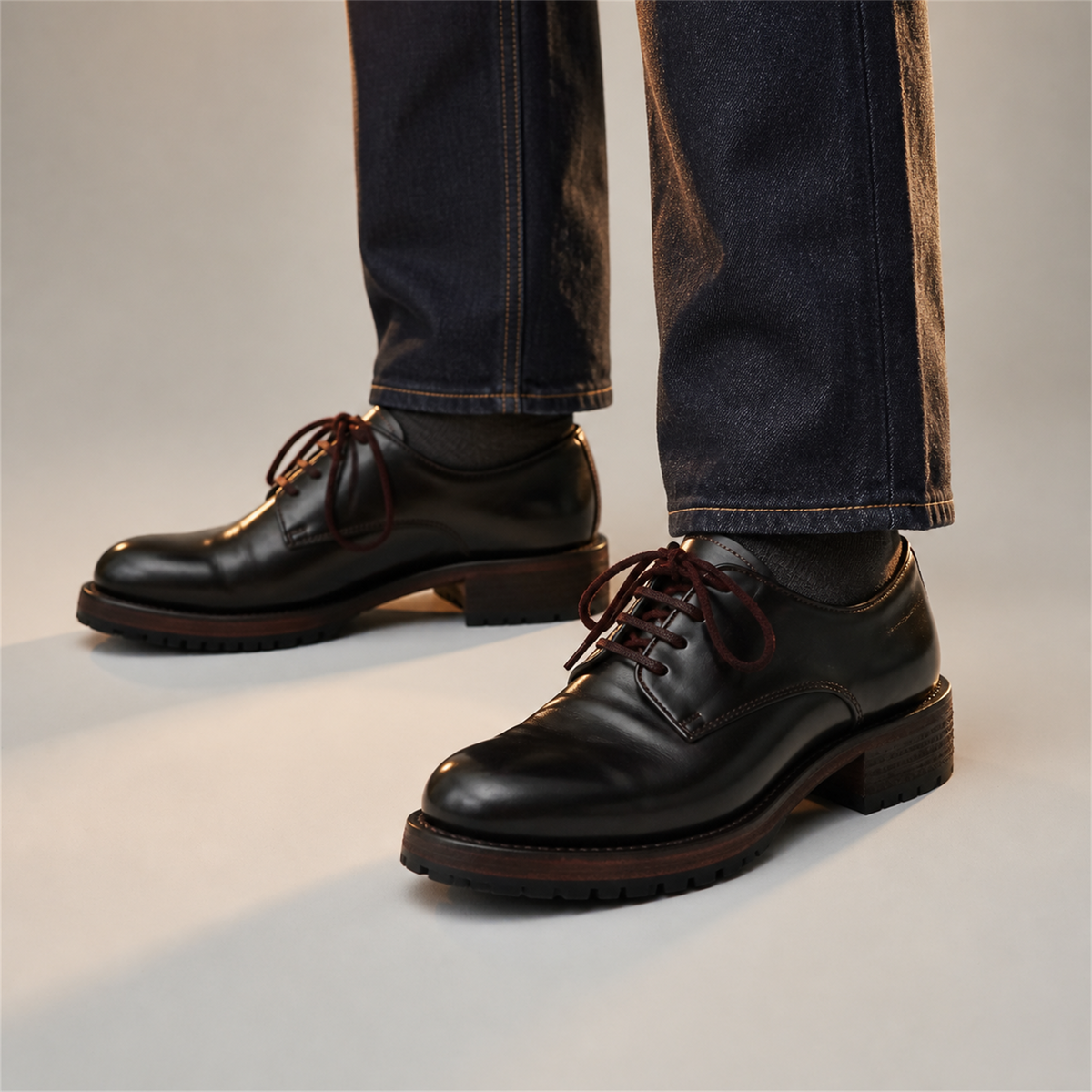 PASCH Hudson Plain-Toe Derby in Coffee Brown Shell Cordovan, on-foot view