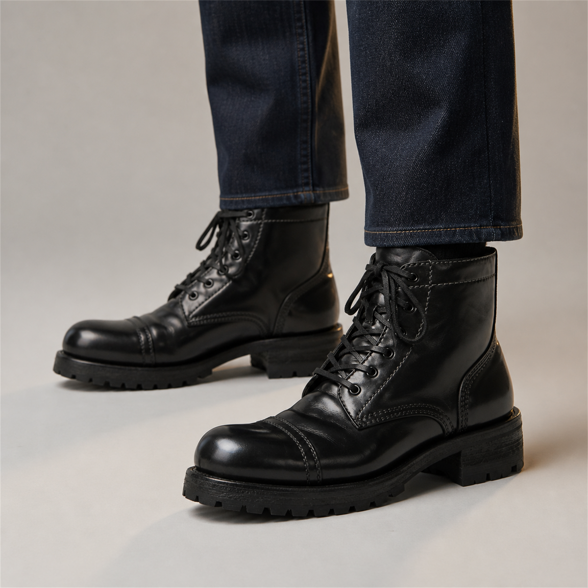 PASCH Bastion Cap-Toe Service Boot in Black Shell Cordovan, on-foot view