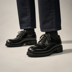 PASCH Hudson Plain-Toe Derby in Black Shell Cordovan, on-foot view