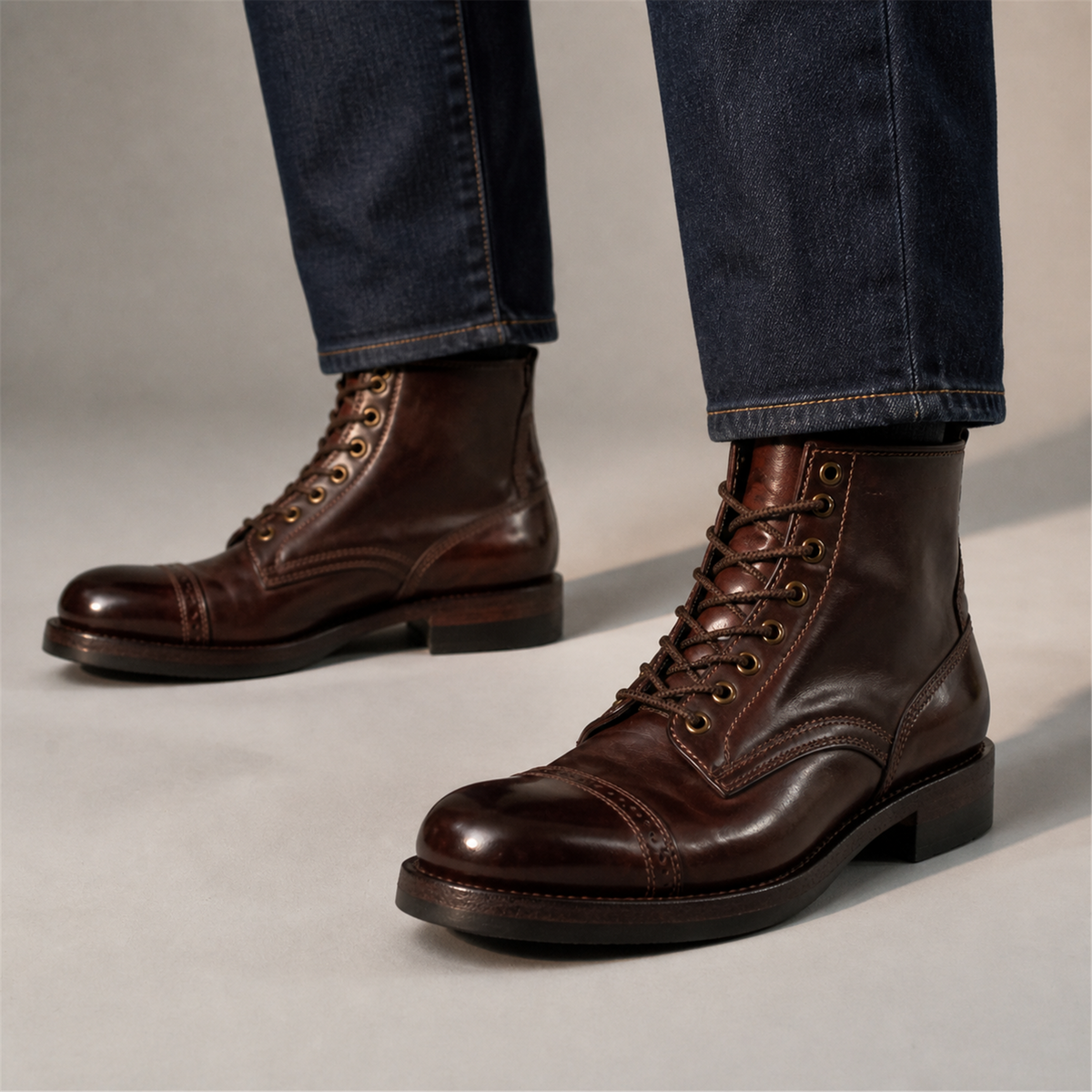 PASCH Frontier Cap-Toe Service Boot in Coffee Brown Horse Leather, on-foot view