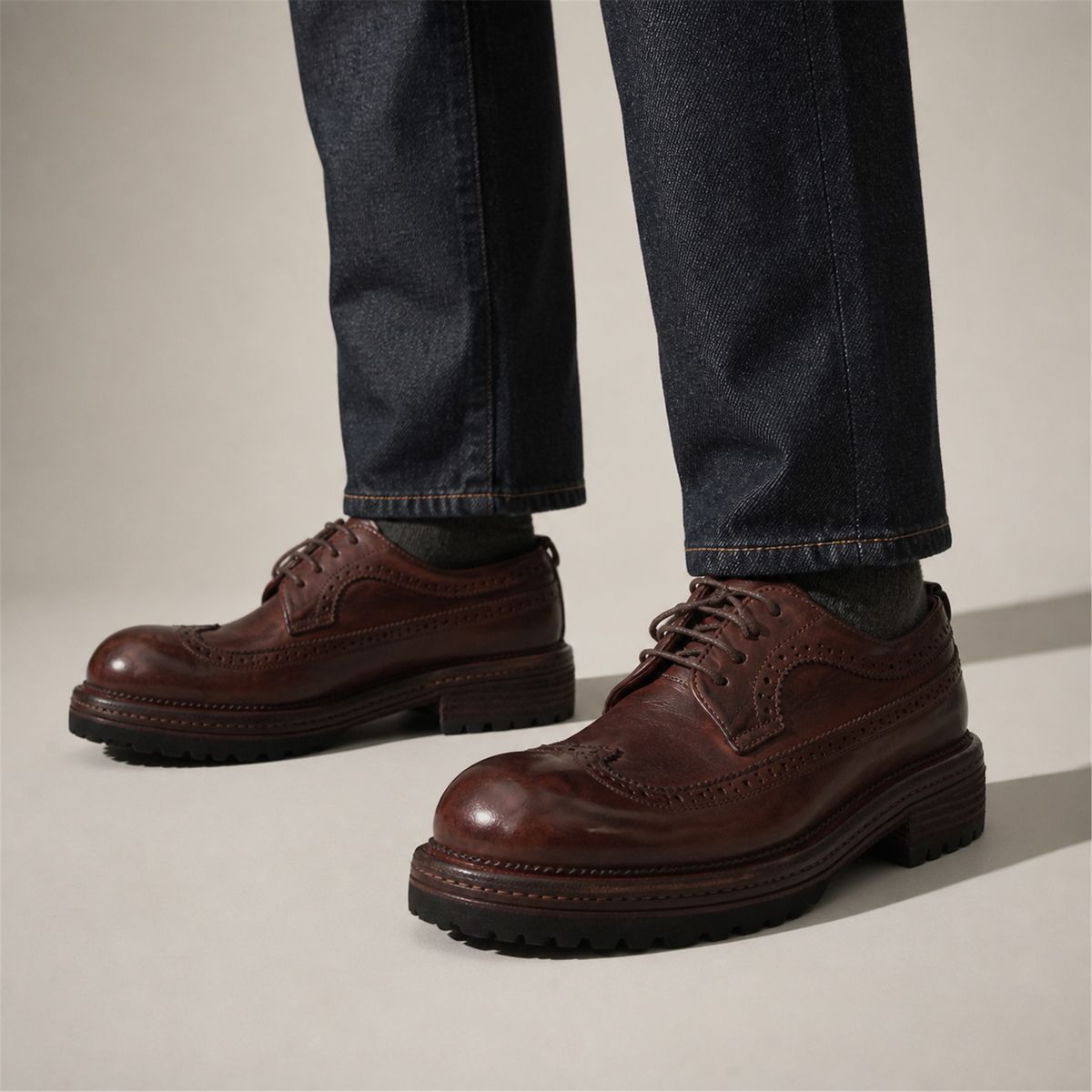 PASCH Wellington Longwing Derby in Coffee Brown Leather, on-foot view