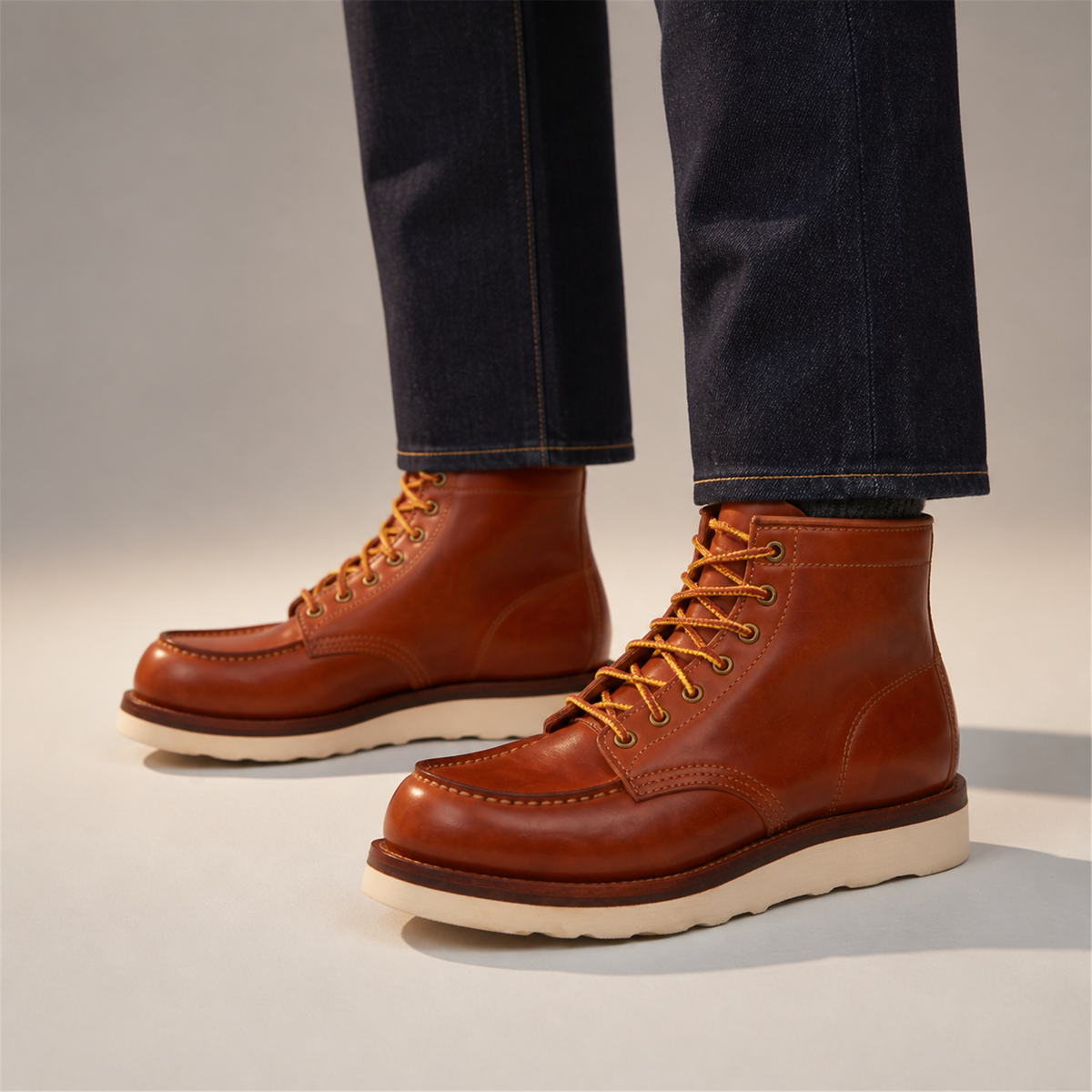 PASCH Railman Moc-Toe Wedge Boot in Brown Horse Leather, on-foot view