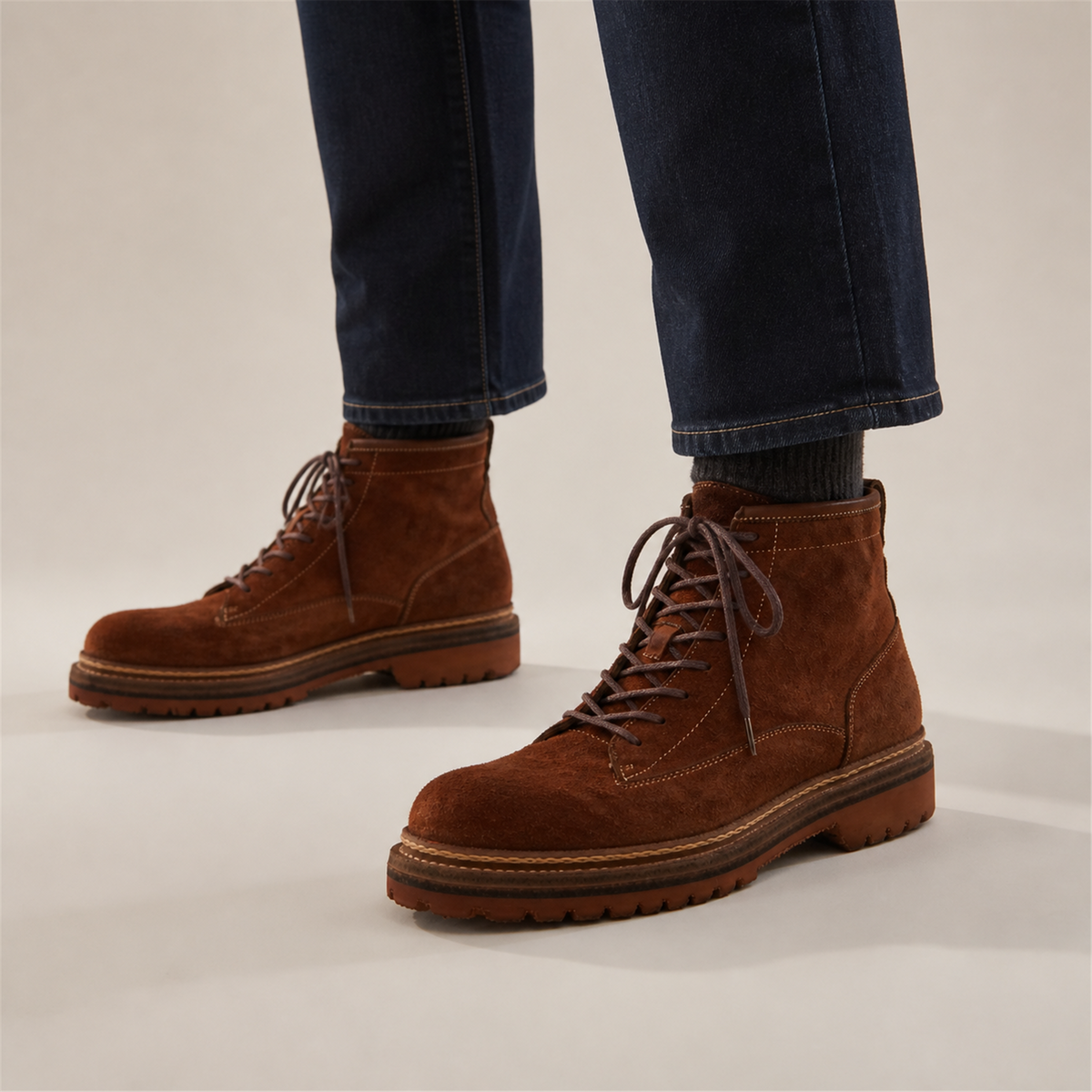 PASCH Quarry Cap-Toe Service Boot in Brown Leather, on-foot view