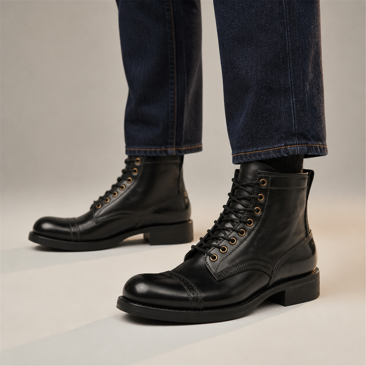 PASCH Frontier Cap-Toe Service Boot in Black Horse Leather, on-foot view