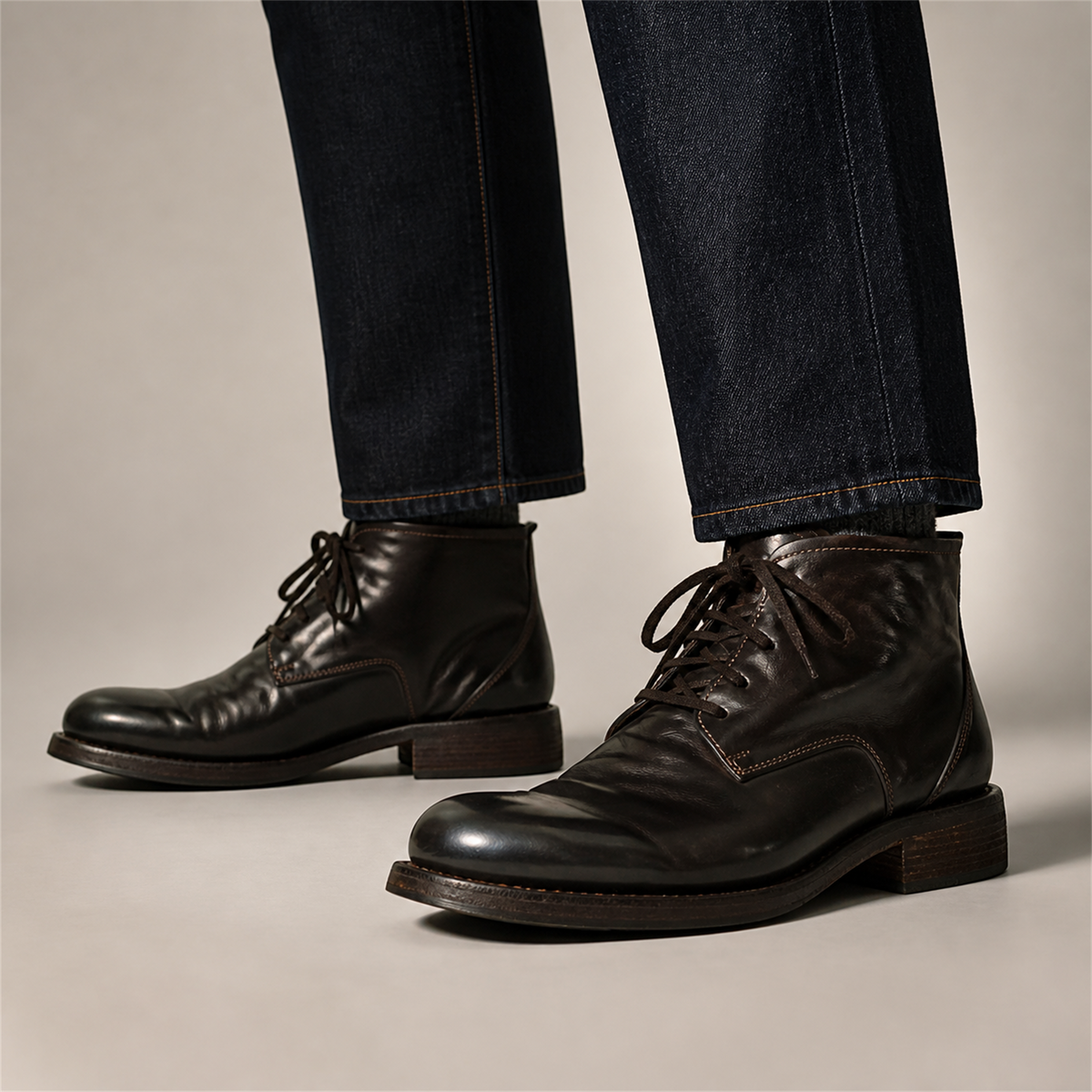PASCH Stanton Object-Dyed Service Boot in Coffee Brown Shell Cordovan, on-foot view