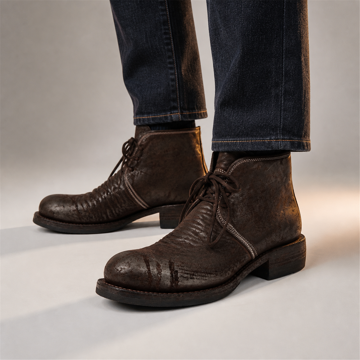 PASCH Walker Cap-Toe Service Boot in Coffee Brown Shell Cordovan, on-foot view