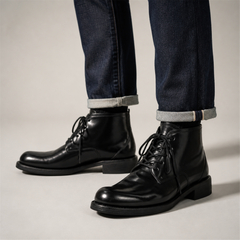 PASCH Stanton Plain-Toe Service Boot in Black Shell Cordovan, on-foot view