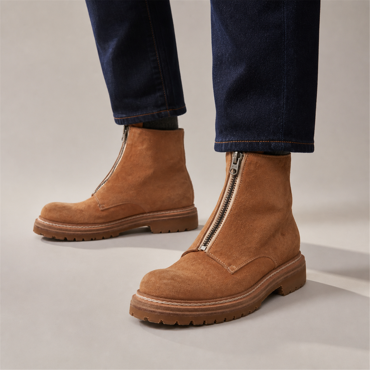 PASCH Vanguard Front-Zip Boot in Caramel Brown Leather, on-foot view