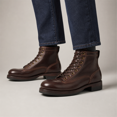 PASCH Outrider Plain-Toe Service Boot in Coffee Brown Horse Leather, on-foot view