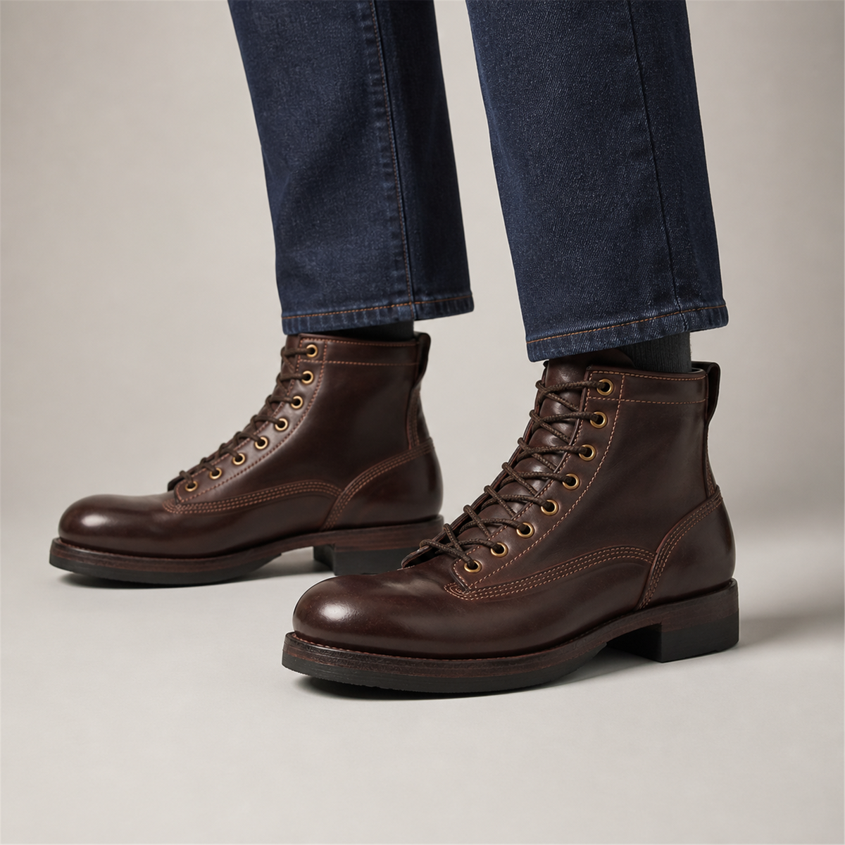 PASCH Outrider Plain-Toe Service Boot in Coffee Brown Horse Leather, on-foot view