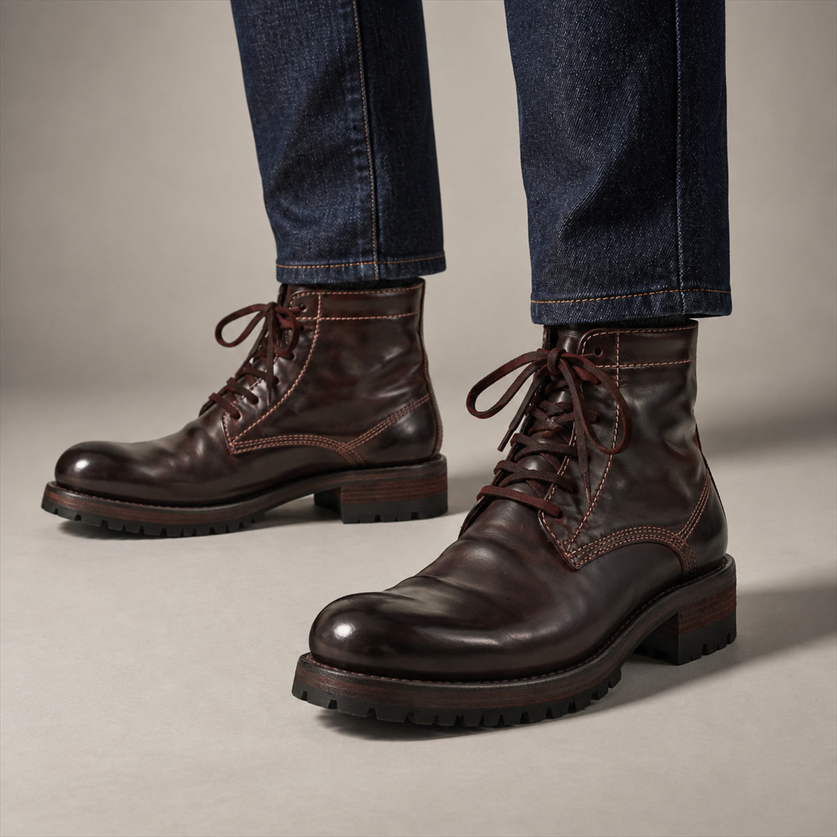 PASCH 262319A Coffee shell cordovan boots, on-foot view with both feet
