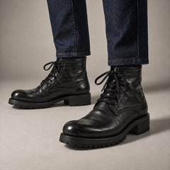 PASCH 262319B Black shell cordovan boots, on-foot view with both feet