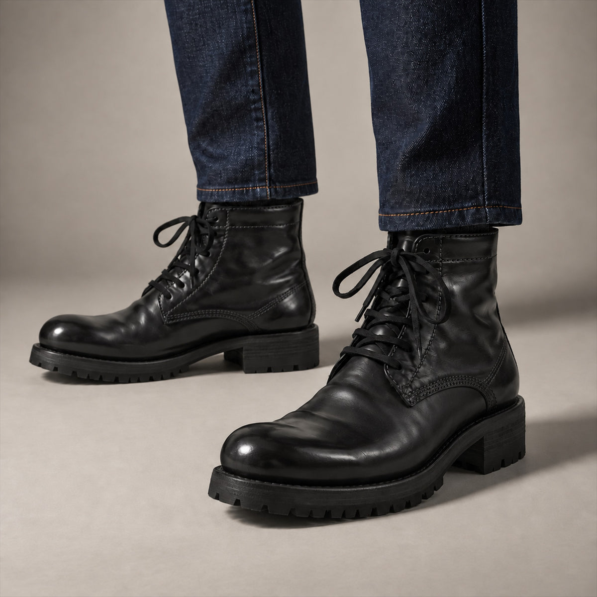 PASCH 262319B Black shell cordovan boots, on-foot view with both feet