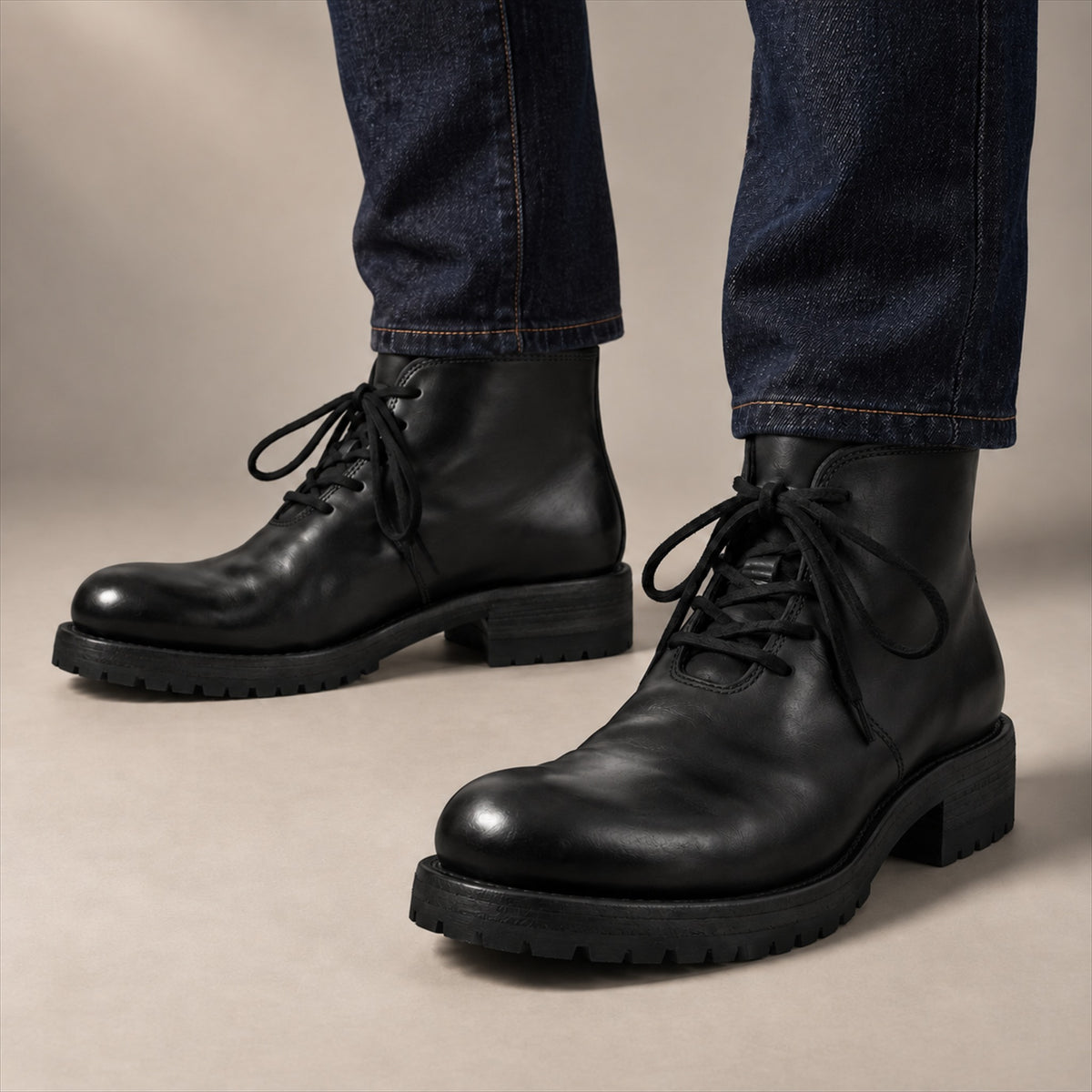 PASCH 262320B Black shell cordovan boots, on-foot view with both feet