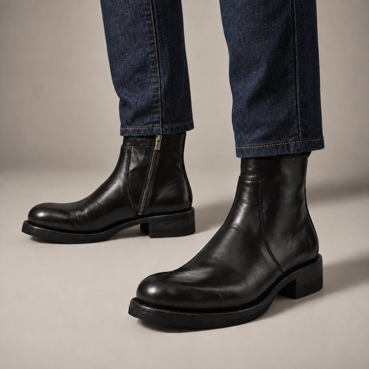 PASCH 262321B Black shell cordovan boots, on-foot view with both feet