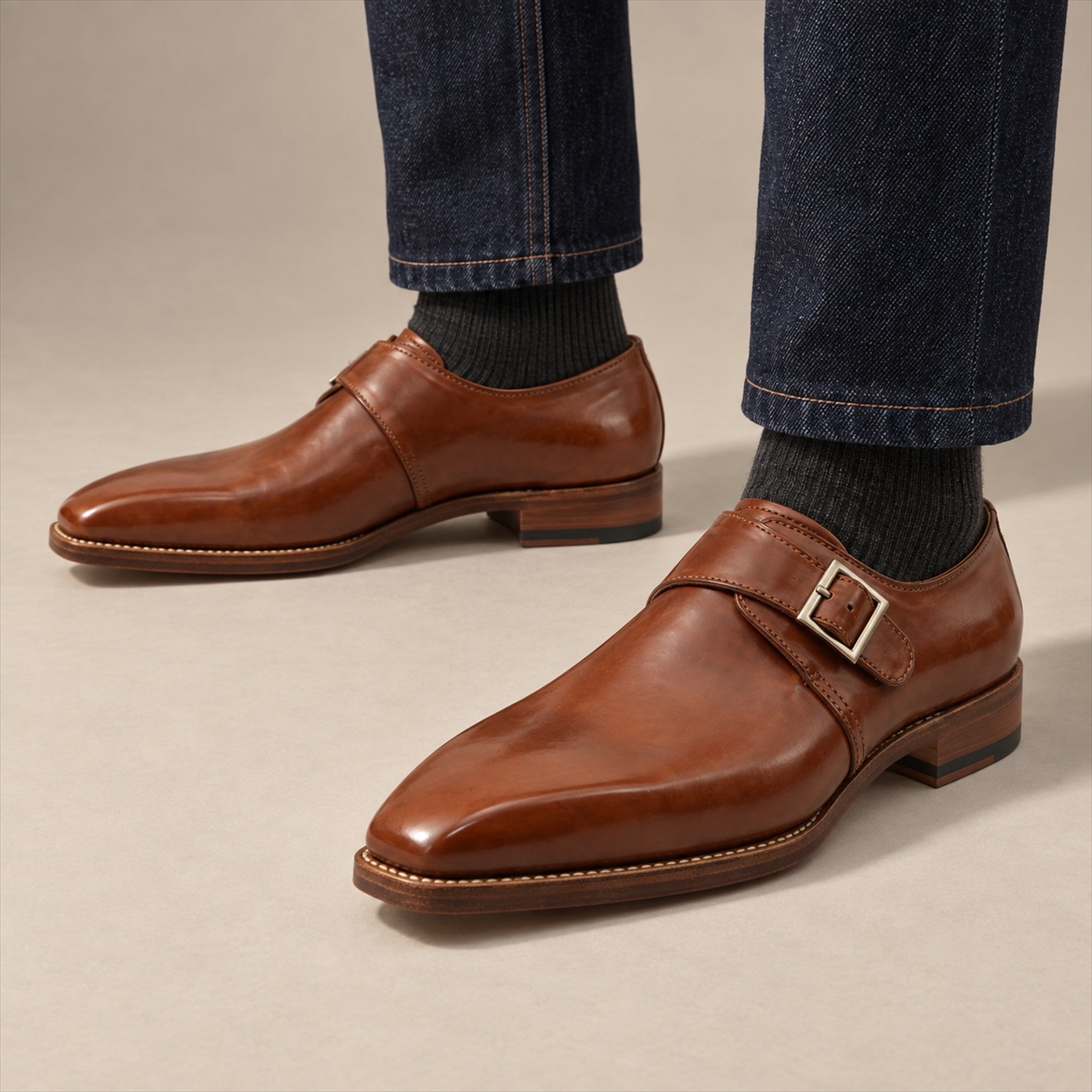 PASCH 267112A Brown shell cordovan footwear, on-foot view with both feet