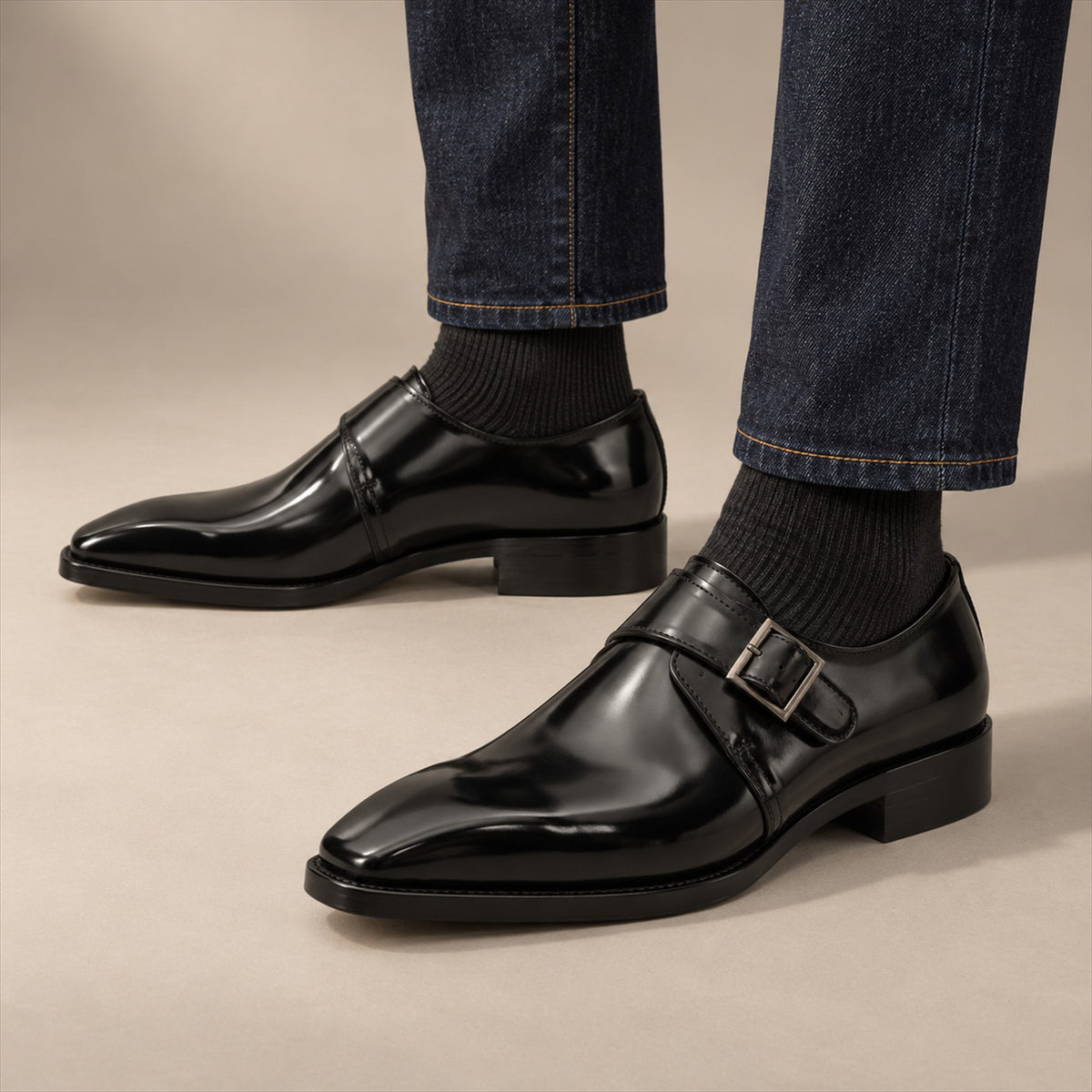 PASCH 267112B Black shell cordovan footwear, on-foot view with both feet