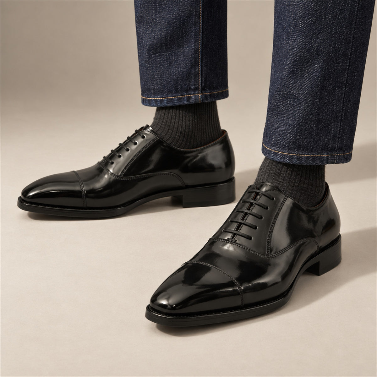 PASCH 267115B Black shell cordovan footwear, on-foot view with both feet