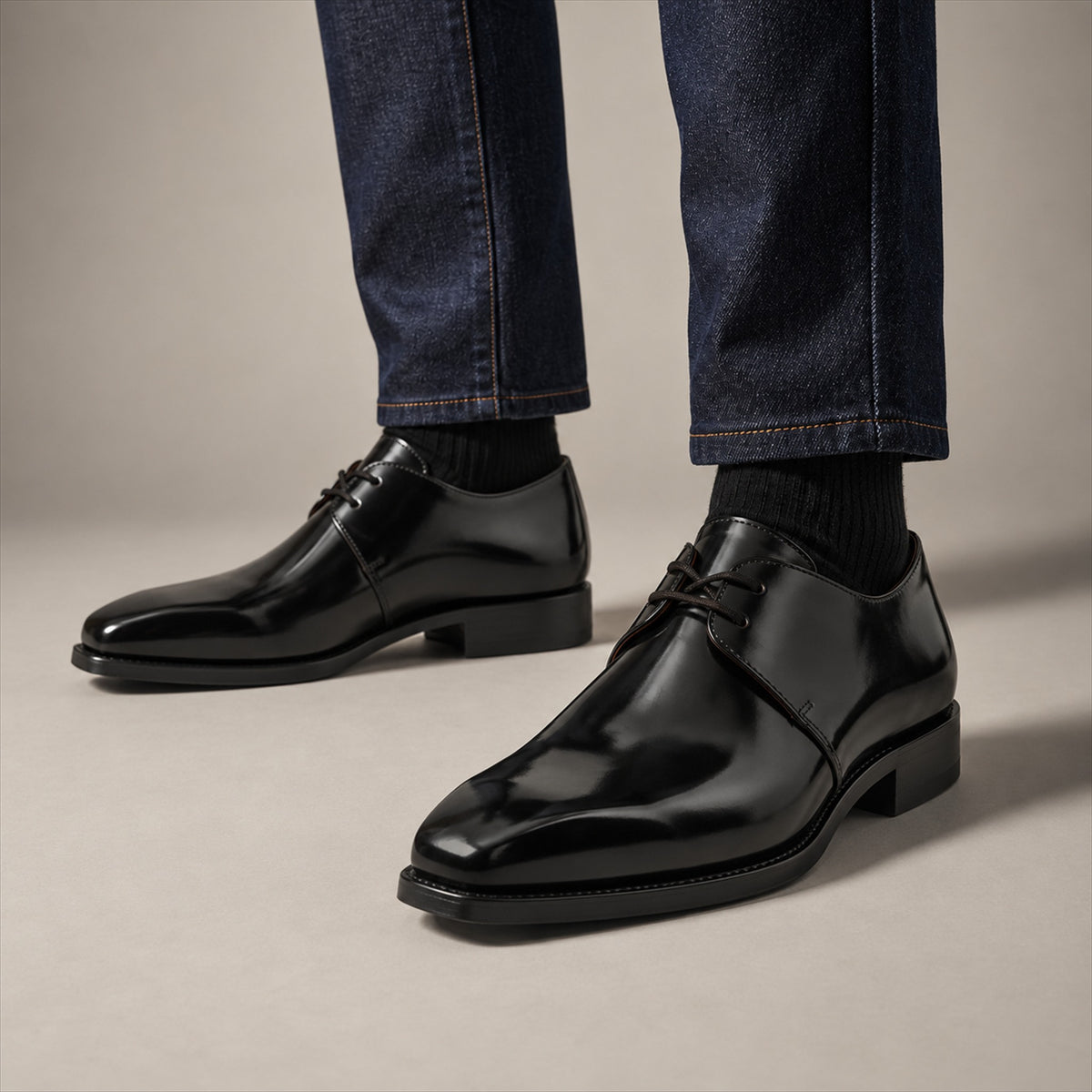 PASCH 267116B Black shell cordovan footwear, on-foot view with both feet