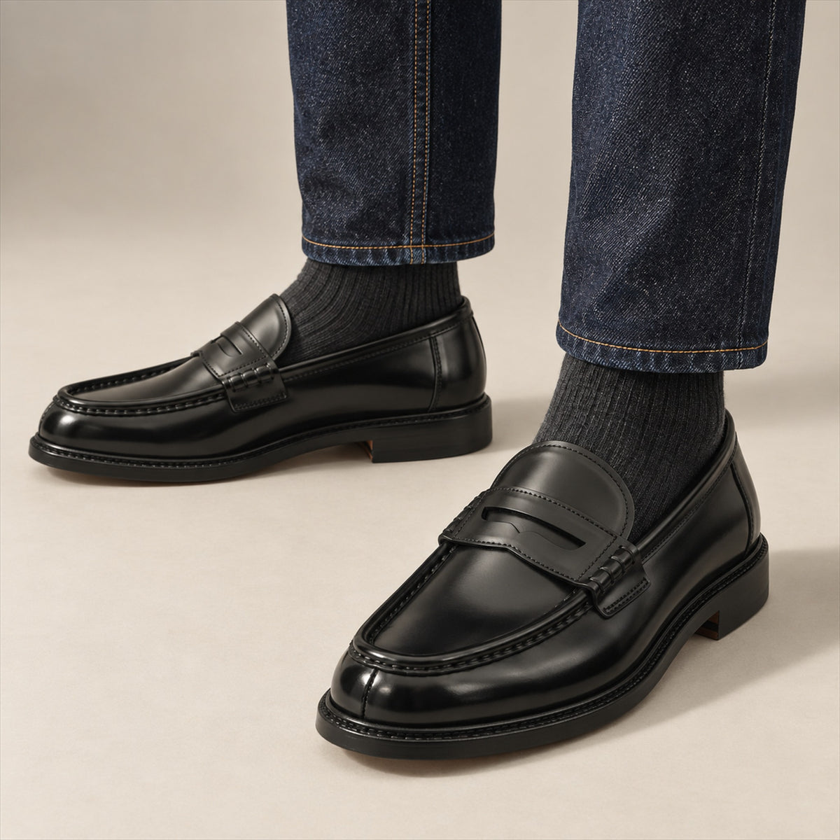 PASCH 267120B Black shell cordovan footwear, on-foot view with both feet