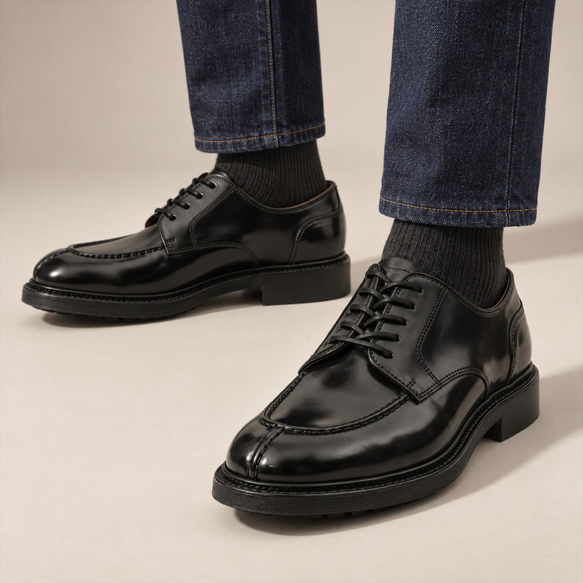 PASCH 267121B Black shell cordovan footwear, on-foot view with both feet