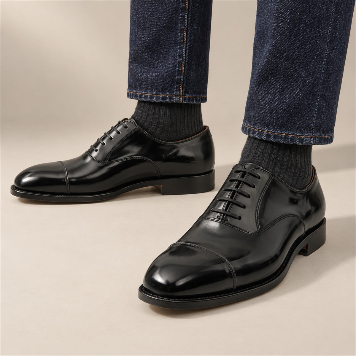 PASCH 267122B Black shell cordovan footwear, on-foot view with both feet