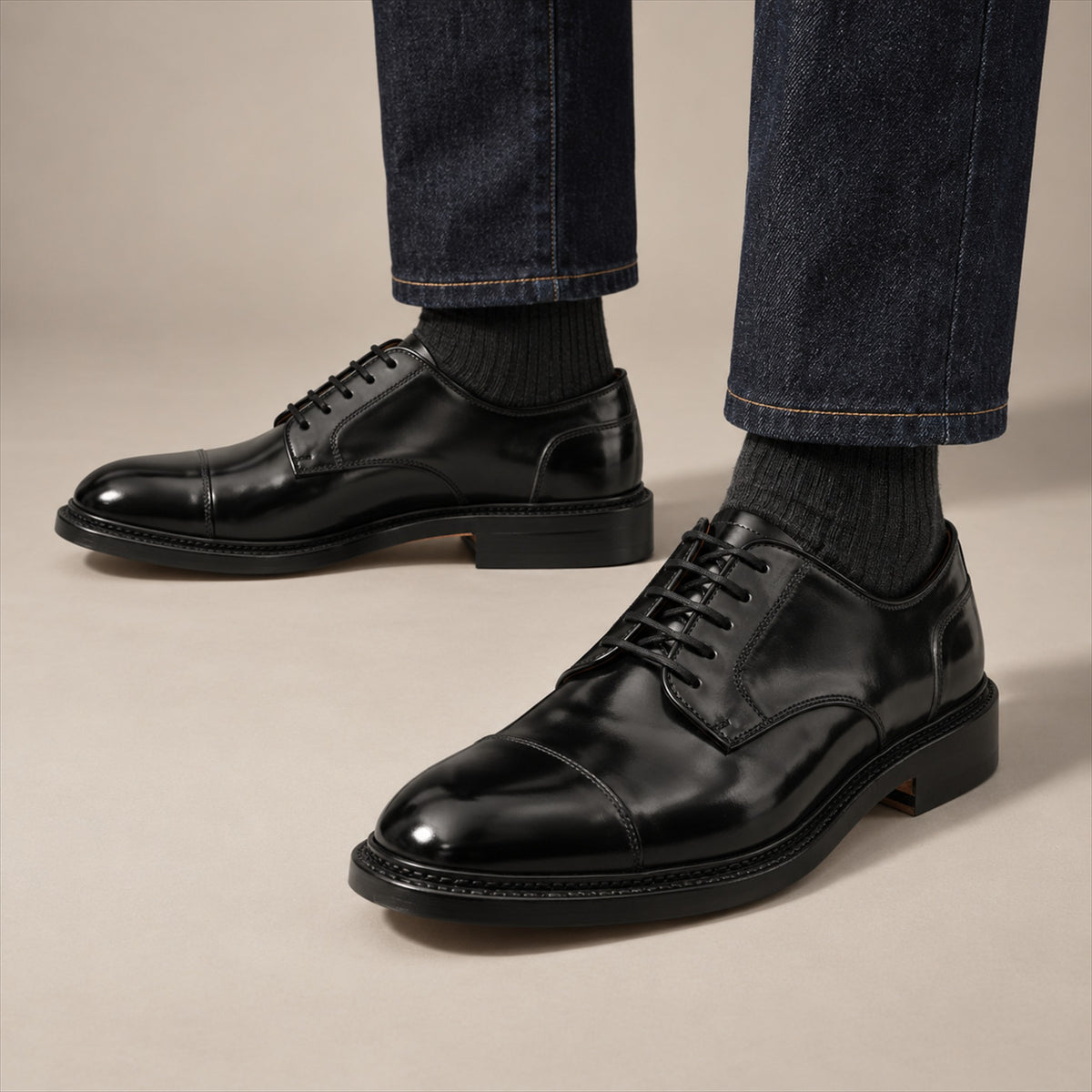 PASCH 267123B Black shell cordovan footwear, on-foot view with both feet