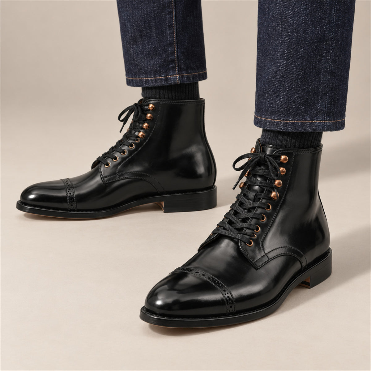PASCH 267126A Black shell cordovan cap-toe boots, on-foot view
